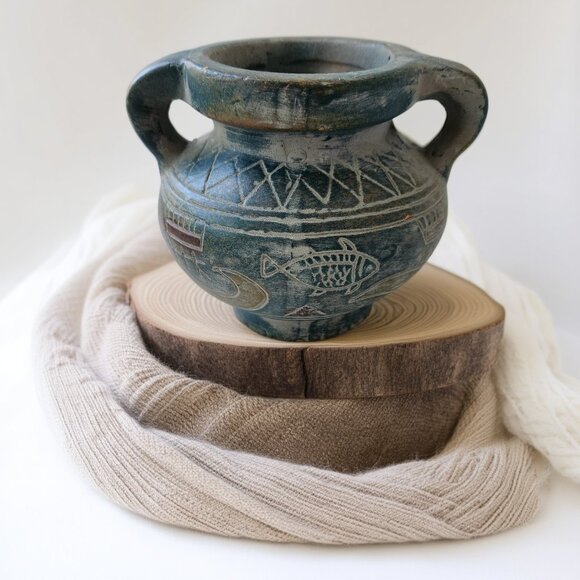 Mediterranean Boats & Fish Motif Pottery Jar: Greek Style Double Handle Vase - Picture 6 of 13